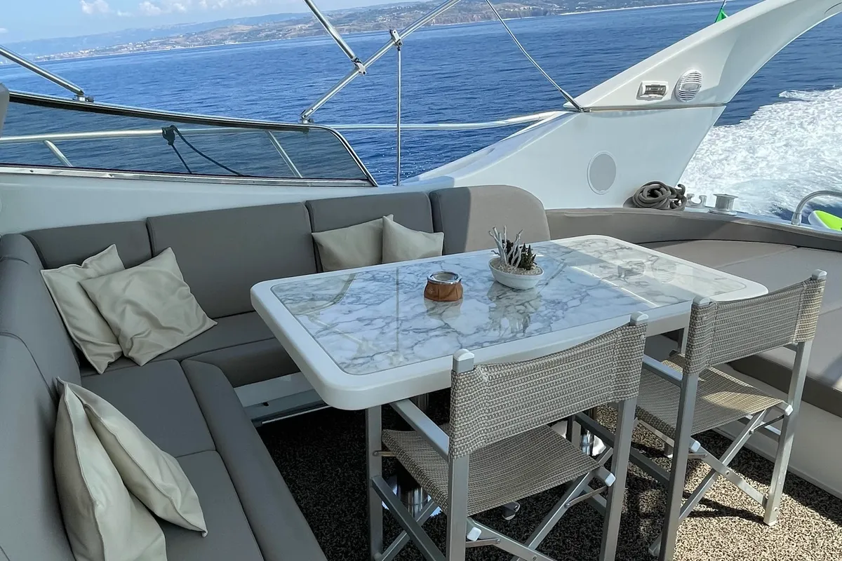 Deck of Premium, a Gulet Mangusta 65 motor yacht at Salerno, Italy