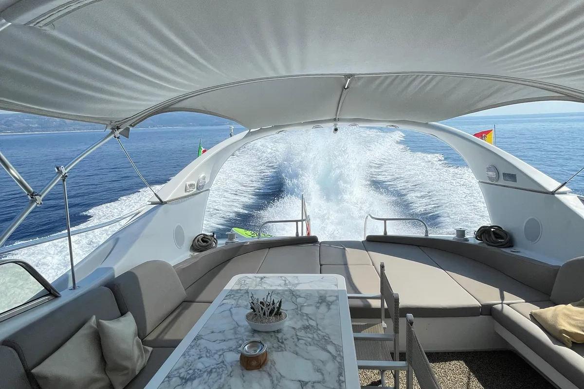 Deck of Premium, a Gulet Mangusta 65 motor yacht at Salerno, Italy