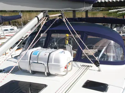Deck of Bella Donna, a Bavaria Cruiser 46 sailboat at Lelystad, Netherlands