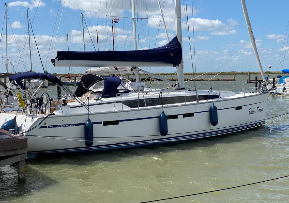 Exterior view of Bella Donna, a Bavaria Cruiser 46 sailboat at Lelystad, Netherlands