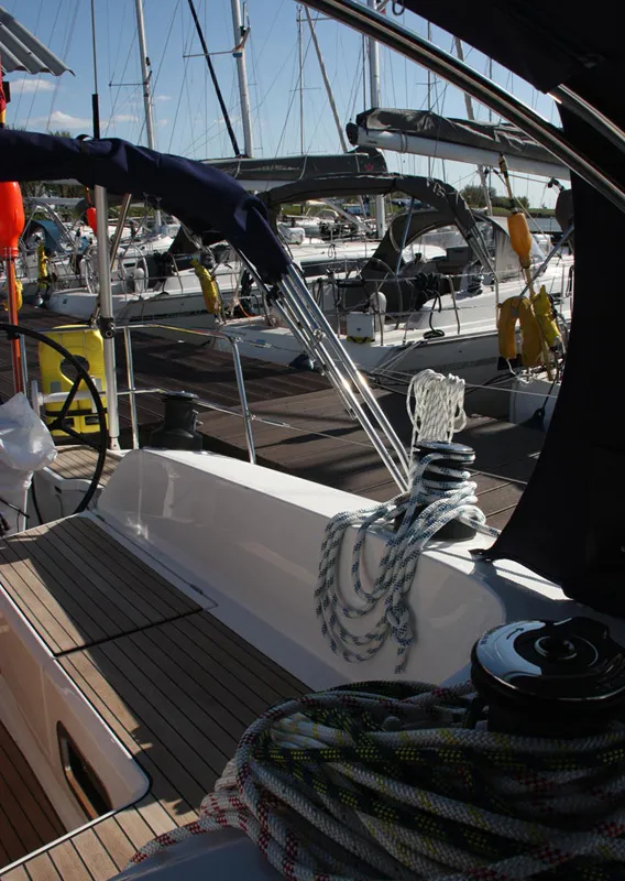 Deck of Bella Donna, a Bavaria Cruiser 46 sailboat at Lelystad, Netherlands