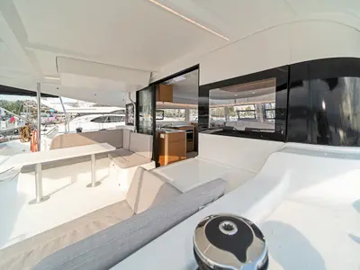 Deck of Phoebe, a Excess 14 catamaran at Preveza, Greece