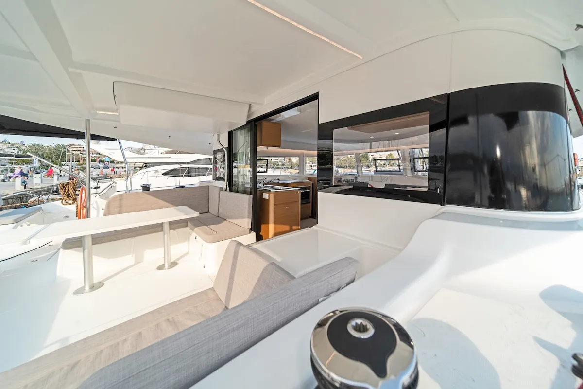Deck of Phoebe, a Excess 14 catamaran at Preveza, Greece