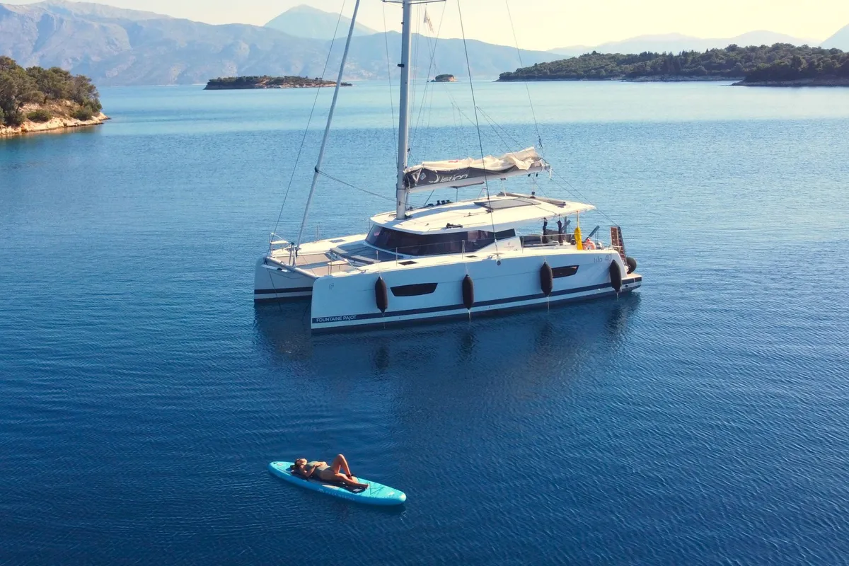 Exterior view of Prodigy, a Fountaine Pajot Isla 40 catamaran at Municipal Unit of Rhodes, Greece