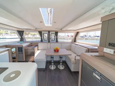 Salon of Prodigy, a Fountaine Pajot Isla 40 catamaran at Municipal Unit of Rhodes, Greece