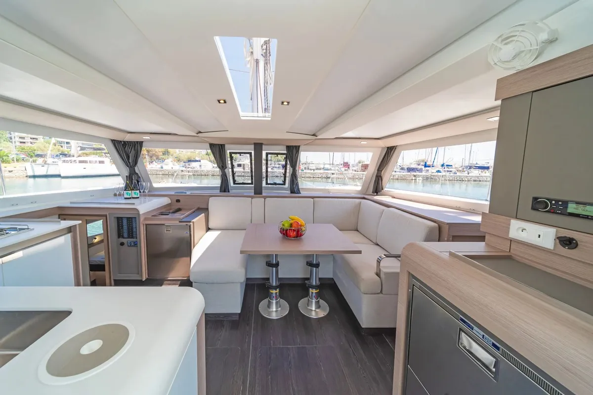 Salon of Prodigy, a Fountaine Pajot Isla 40 catamaran at Municipal Unit of Rhodes, Greece