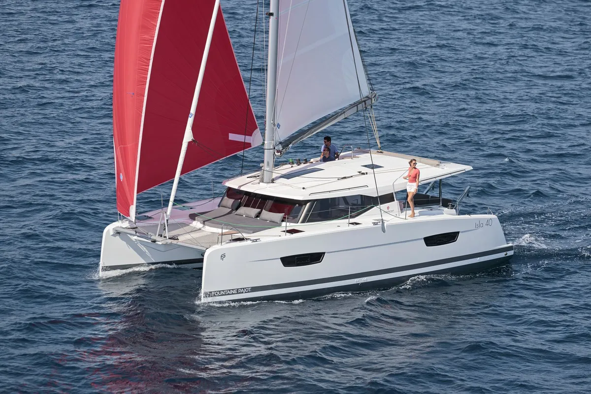 Exterior view of Prodigy, a Fountaine Pajot Isla 40 catamaran at Municipal Unit of Rhodes, Greece