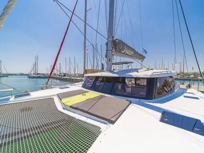 Deck of Prodigy, a Fountaine Pajot Isla 40 catamaran at Municipal Unit of Rhodes, Greece