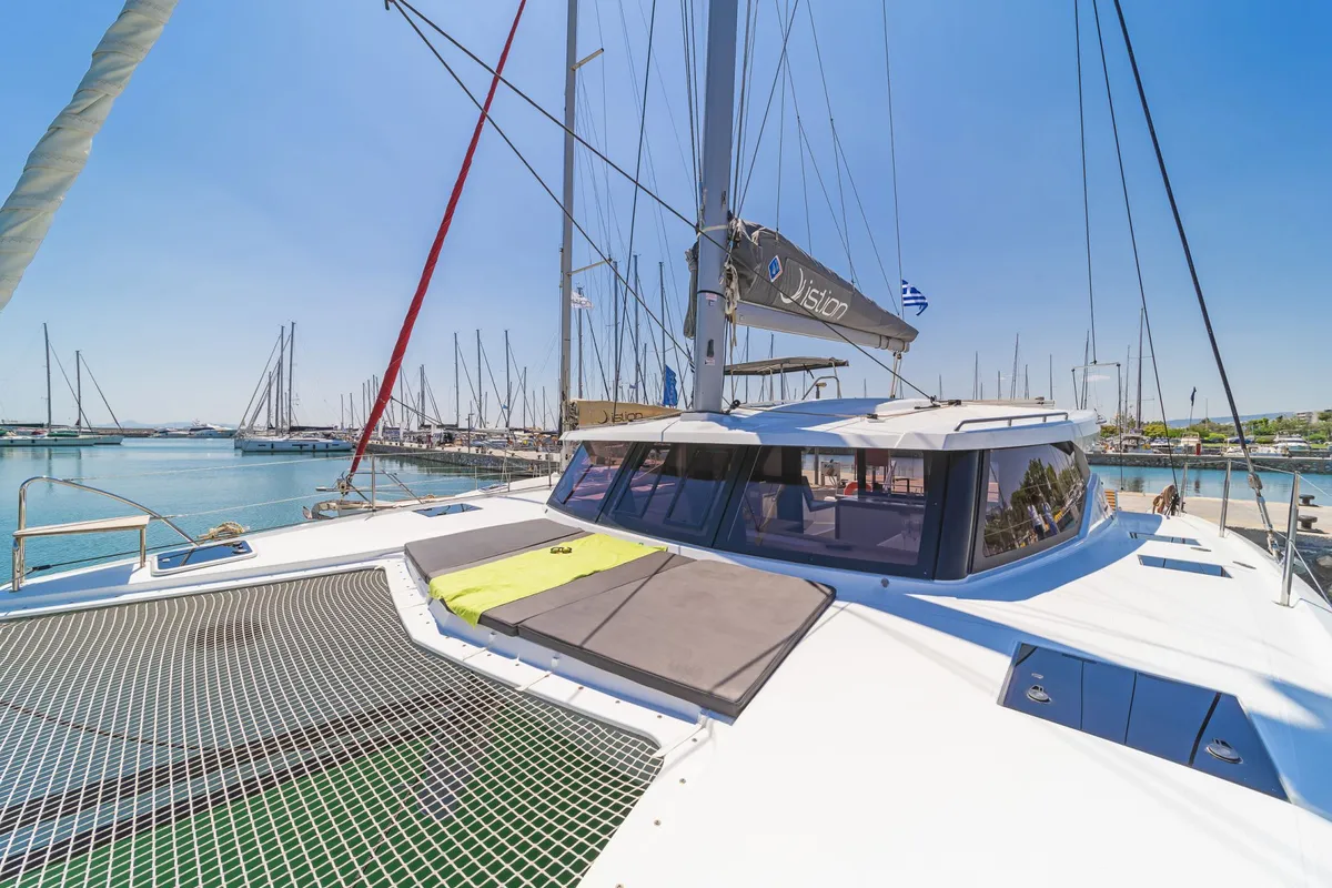 Deck of Prodigy, a Fountaine Pajot Isla 40 catamaran at Municipal Unit of Rhodes, Greece