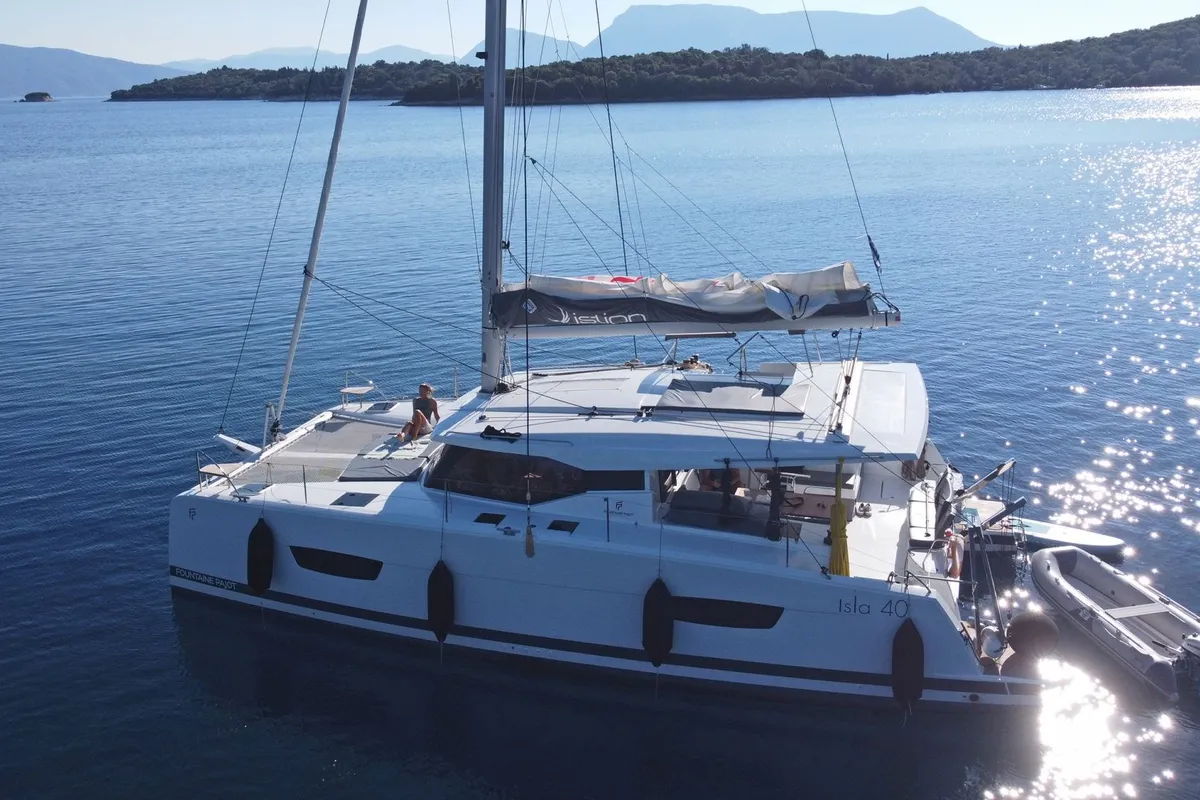 Exterior view of Prodigy, a Fountaine Pajot Isla 40 catamaran at Municipal Unit of Rhodes, Greece
