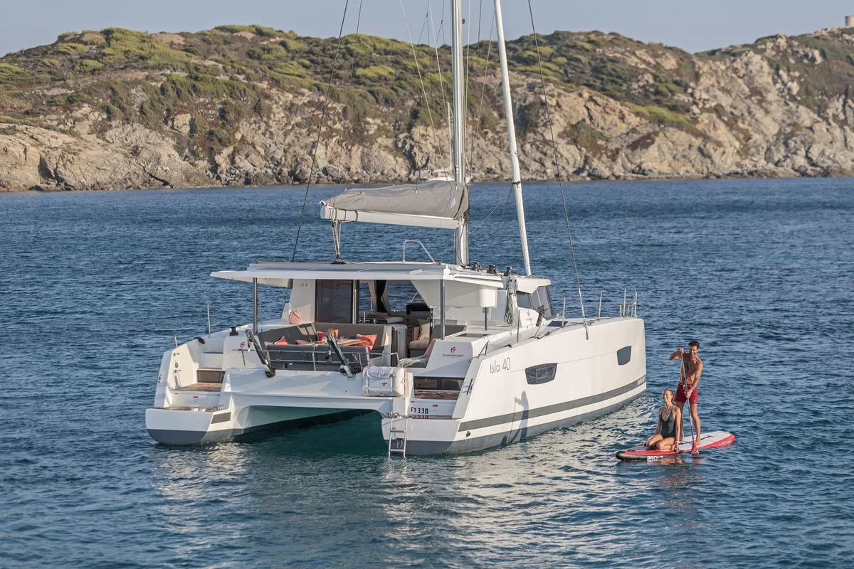 Exterior view of Prodigy, a Fountaine Pajot Isla 40 catamaran at Municipal Unit of Rhodes, Greece