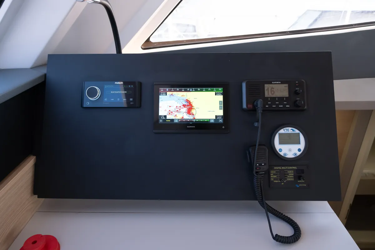Cockpit of Aura, a Aventura 45 catamaran at Fethiye, Turkey