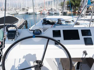 Cockpit of Aura, a Aventura 45 catamaran at Fethiye, Turkey