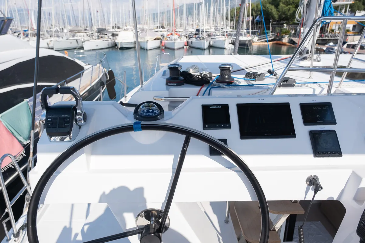Cockpit of Aura, a Aventura 45 catamaran at Fethiye, Turkey