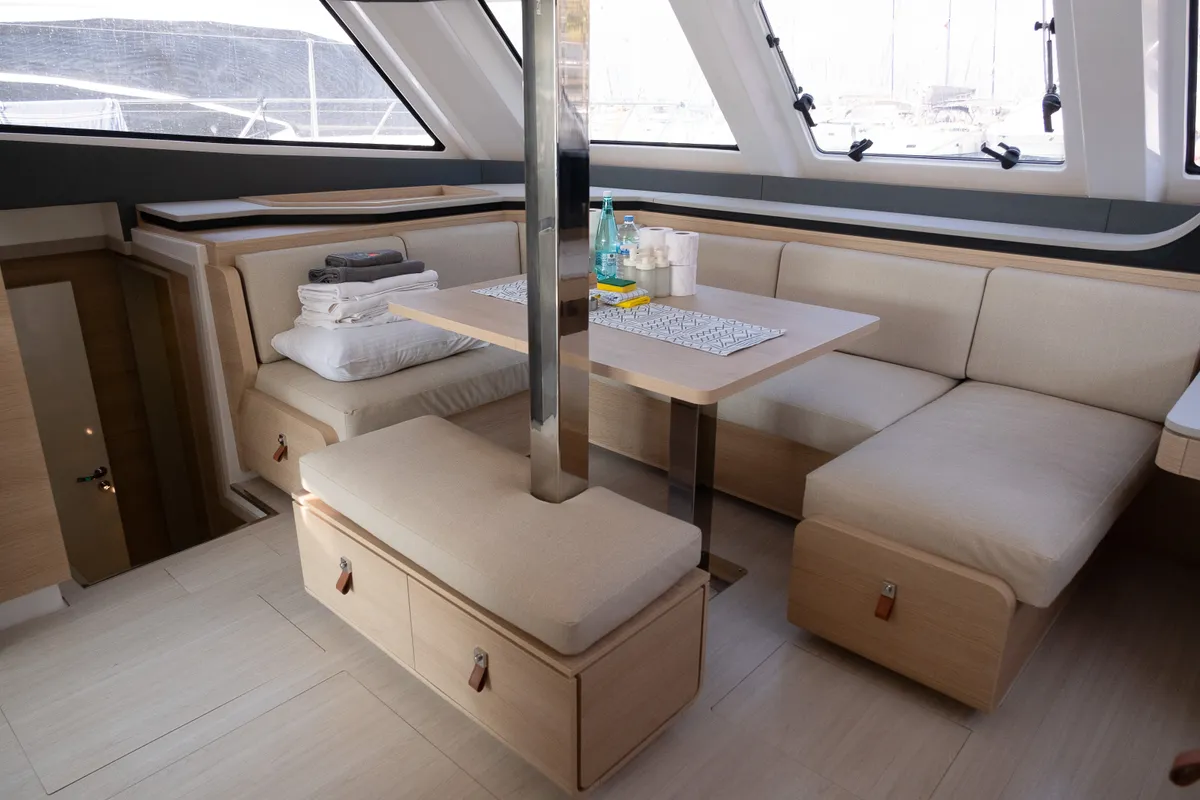 Salon of Aura, a Aventura 45 catamaran at Fethiye, Turkey