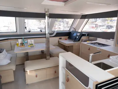 Salon of Aura, a Aventura 45 catamaran at Fethiye, Turkey