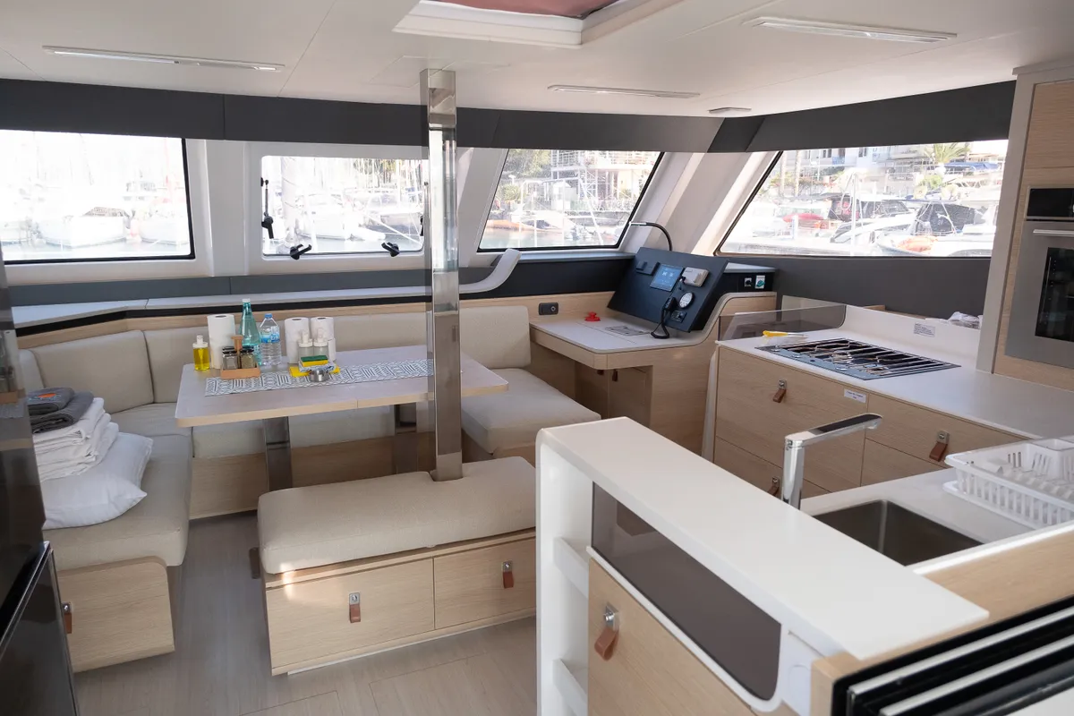 Salon of Aura, a Aventura 45 catamaran at Fethiye, Turkey