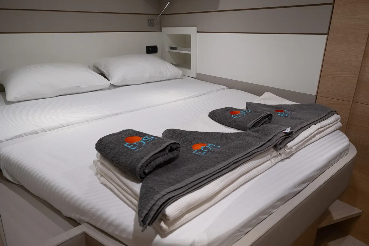 Cabin on Aura, a Aventura 45 catamaran at Fethiye, Turkey