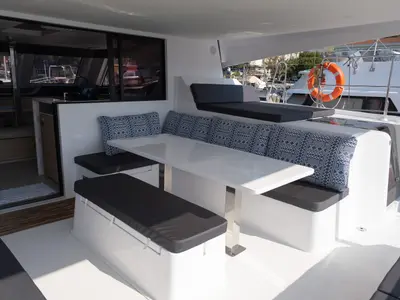 Deck of Aura, a Aventura 45 catamaran at Fethiye, Turkey