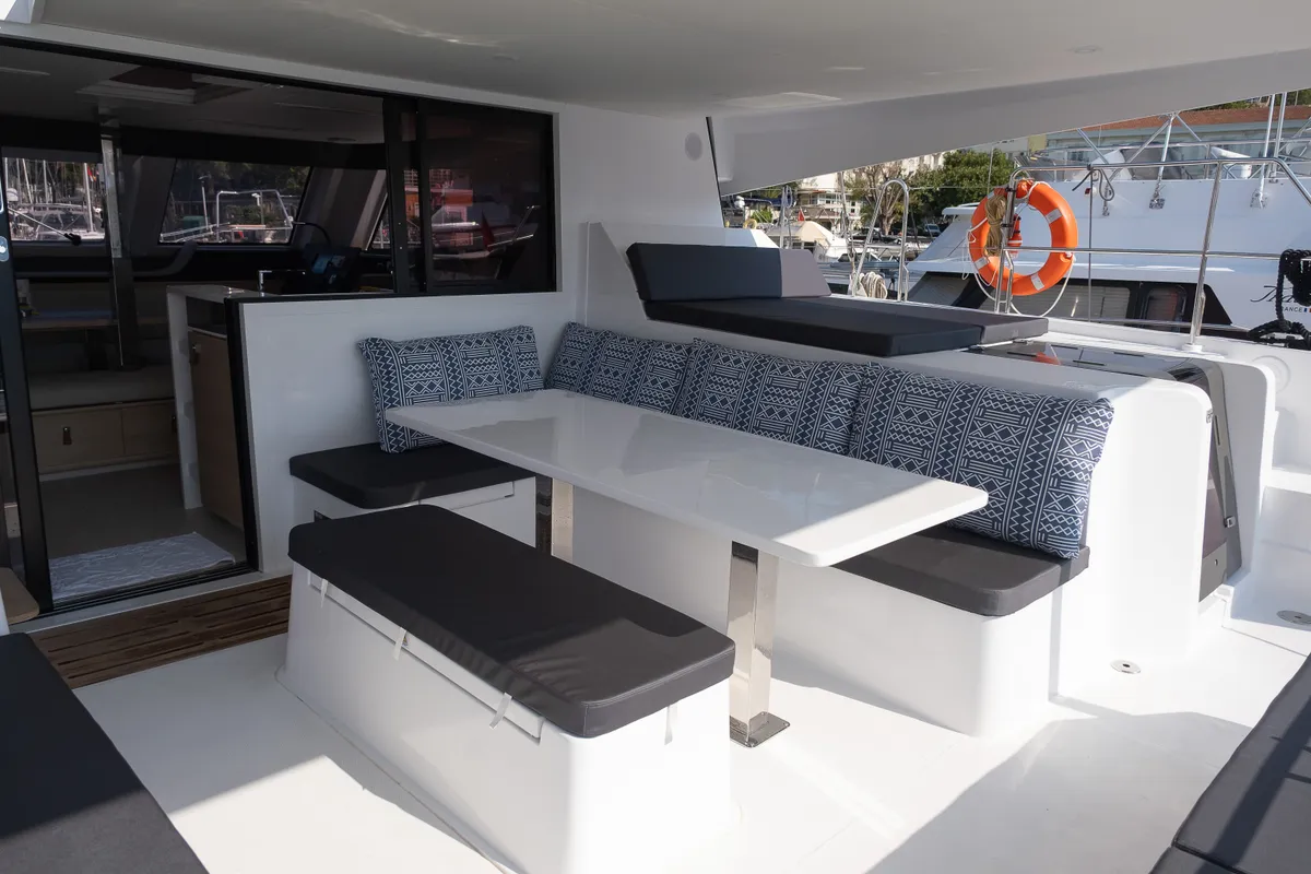 Deck of Aura, a Aventura 45 catamaran at Fethiye, Turkey