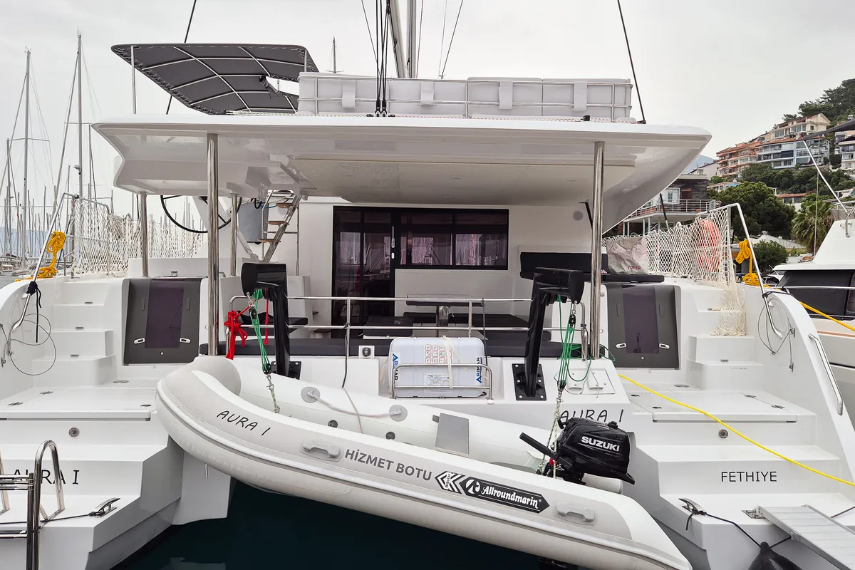 Exterior view of Aura, a Aventura 45 catamaran at Fethiye, Turkey