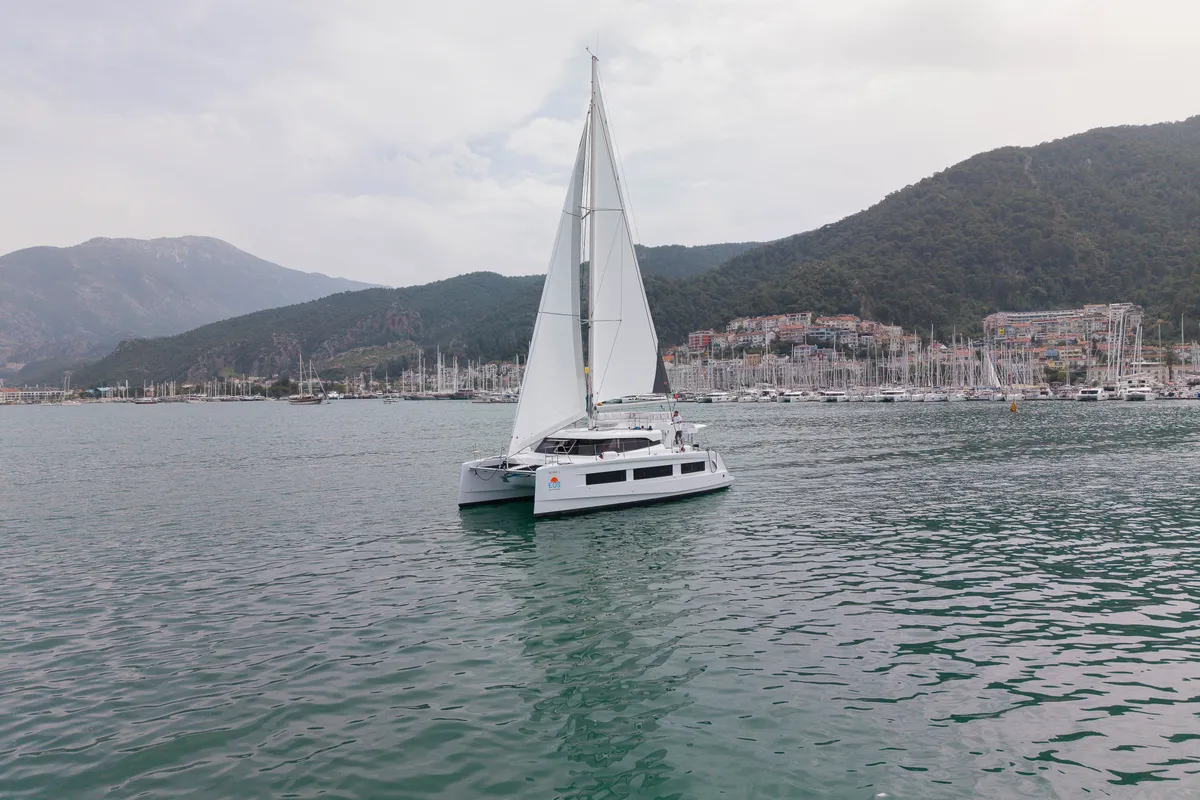 Exterior view of Aura, a Aventura 45 catamaran at Fethiye, Turkey