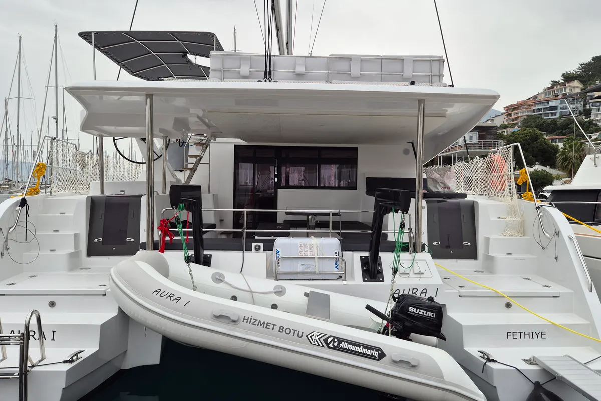 Exterior view of Aura, a Aventura 45 catamaran at Fethiye, Turkey