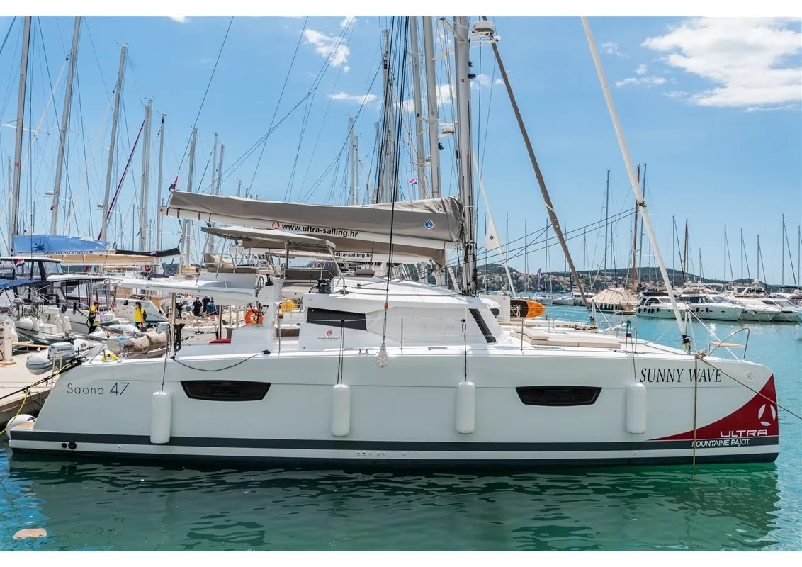 Exterior view of Sunny Wave, a Fountaine Pajot Saona 47 catamaran at Seget Donji, Croatia