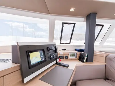 Cockpit of Sunny Wave, a Fountaine Pajot Saona 47 catamaran at Seget Donji, Croatia