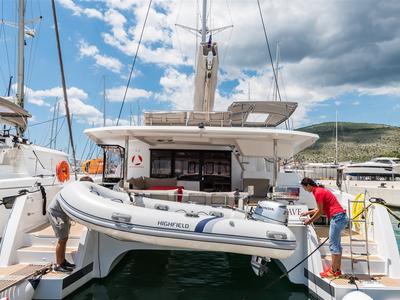 Deck of Sunny Wave, a Fountaine Pajot Saona 47 catamaran at Seget Donji, Croatia