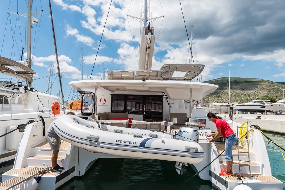 Deck of Sunny Wave, a Fountaine Pajot Saona 47 catamaran at Seget Donji, Croatia