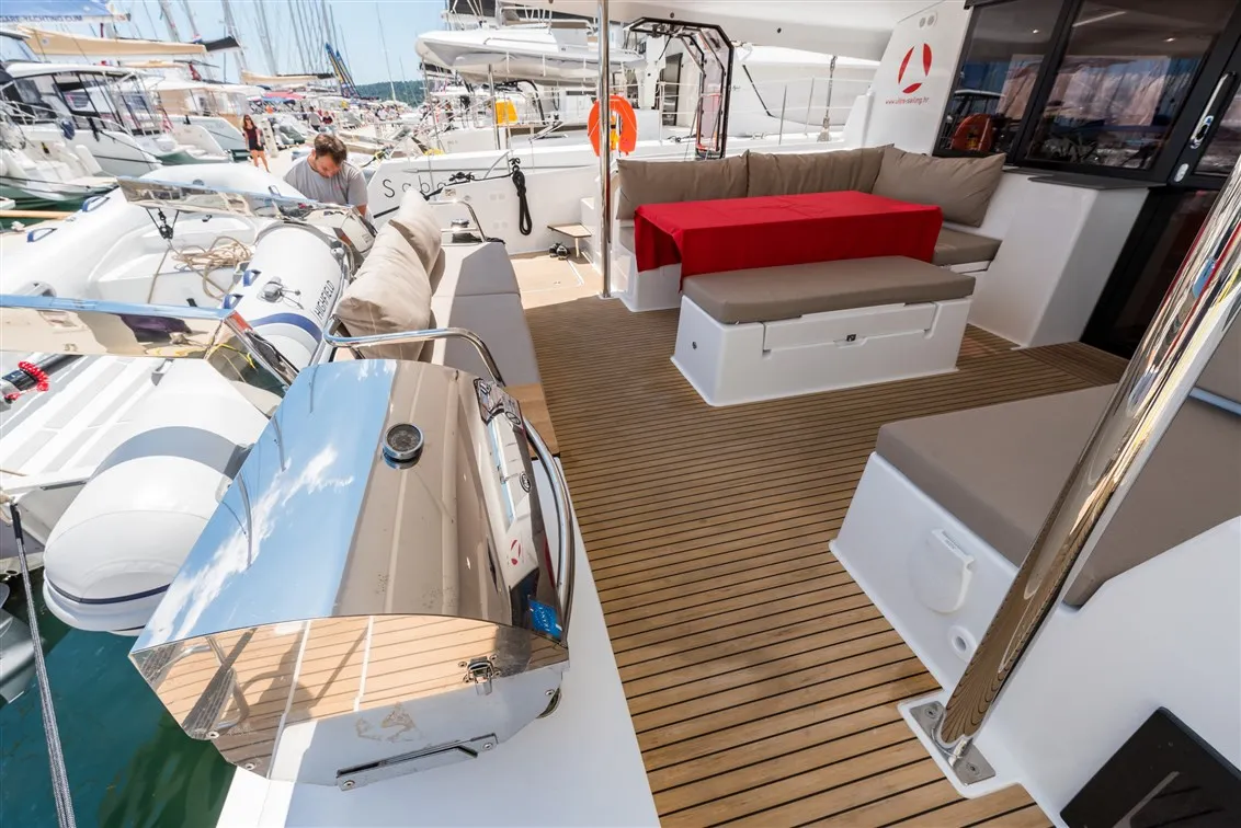 Deck of Sunny Wave, a Fountaine Pajot Saona 47 catamaran at Seget Donji, Croatia