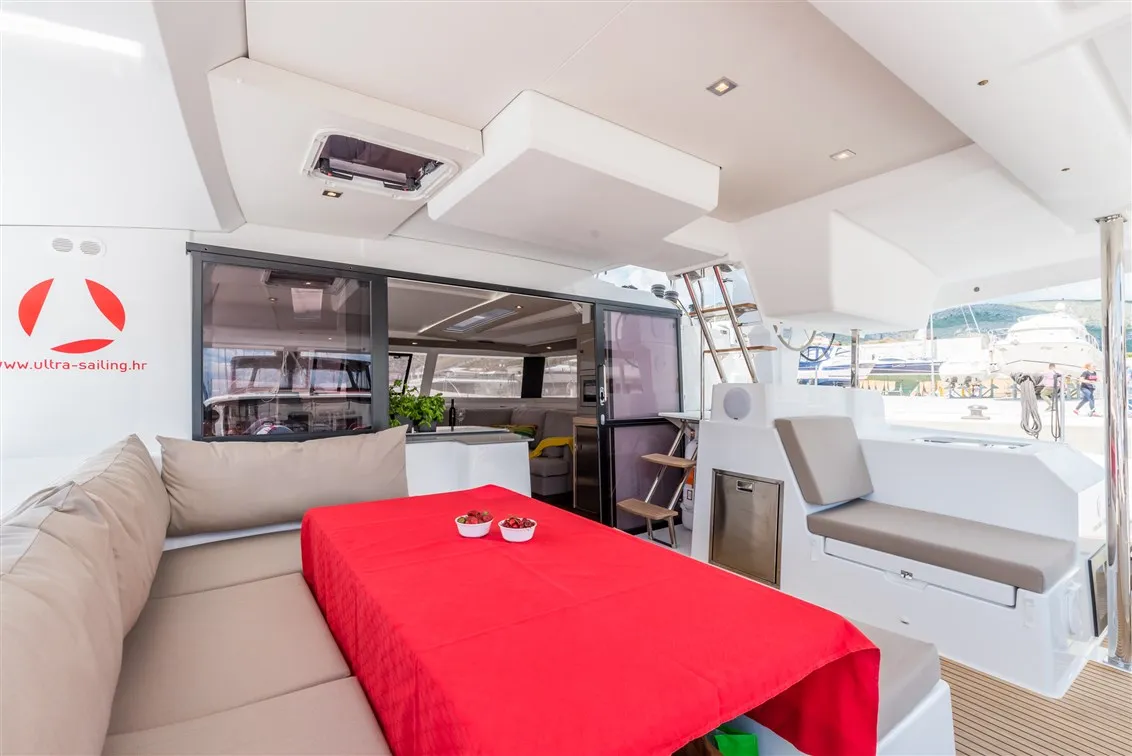 Deck of Sunny Wave, a Fountaine Pajot Saona 47 catamaran at Seget Donji, Croatia