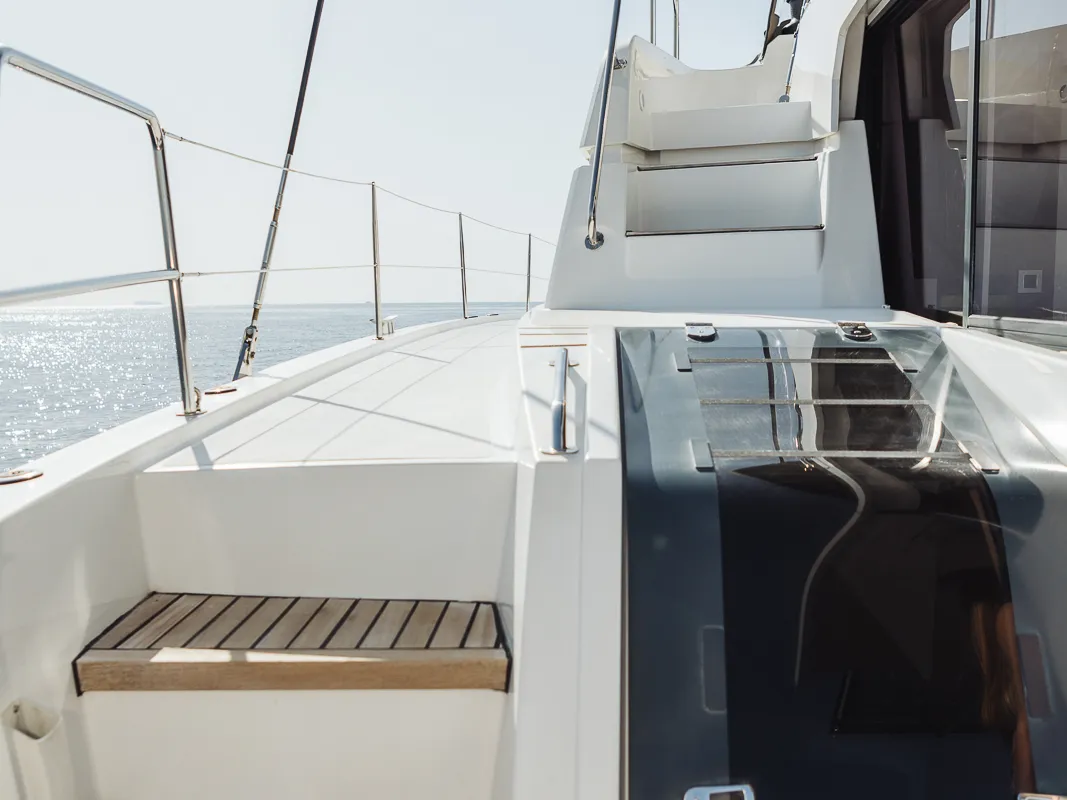 Deck of Bali 4.8 - 6 cab., a catamaran at Agios Stefanos, Greece