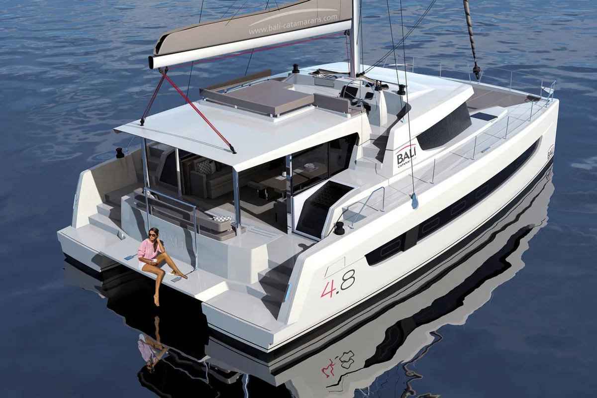 Bali 4.8 - 6 cab., a catamaran at Agios Stefanos, Greece