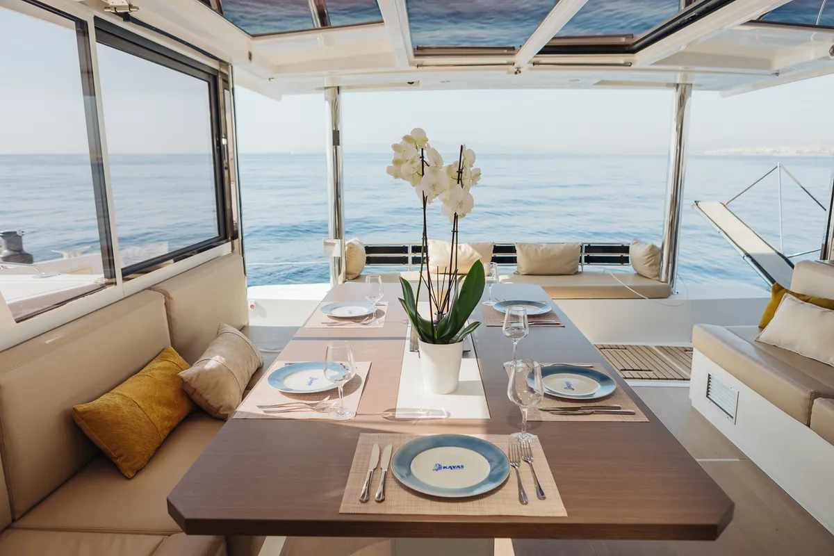 Salon of Bali 4.8 - 6 cab., a catamaran at Agios Stefanos, Greece