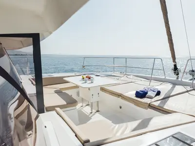Deck of Bali 4.8 - 6 cab., a catamaran at Agios Stefanos, Greece