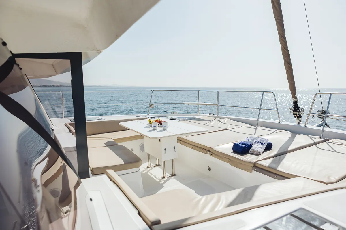 Deck of Bali 4.8 - 6 cab., a catamaran at Agios Stefanos, Greece