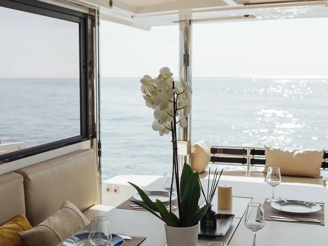 Salon of Bali 4.8 - 6 cab., a catamaran at Agios Stefanos, Greece