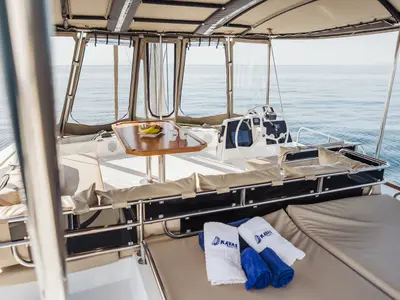 Cockpit of Bali 4.8 - 6 cab., a catamaran at Agios Stefanos, Greece