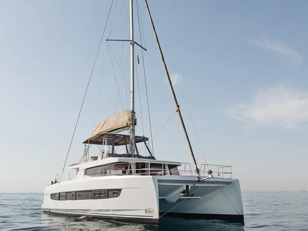 Exterior view of Bali 4.8 - 6 cab., a catamaran at Agios Stefanos, Greece