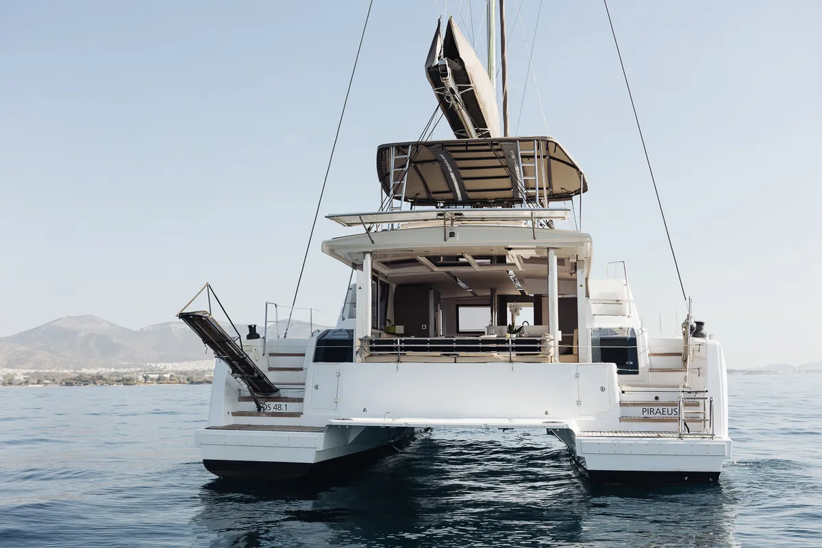 Exterior view of Bali 4.8 - 6 cab., a catamaran at Agios Stefanos, Greece