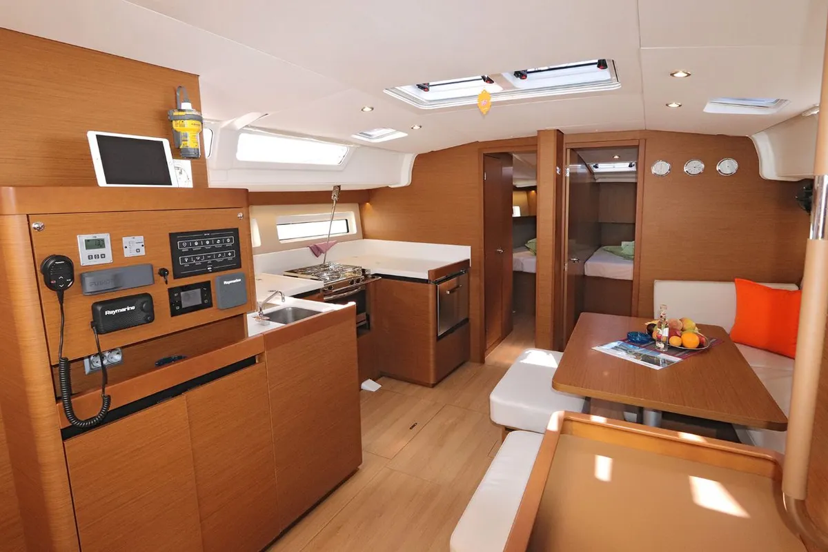 Salon of Pnoe, a Jeanneau Sun Odyssey 490 sailboat at Sithonia Municipal Unit, Greece