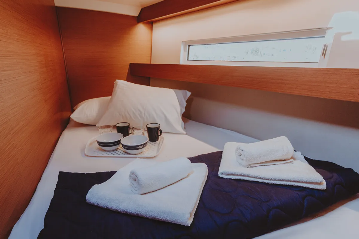 Cabin on Pnoe, a Jeanneau Sun Odyssey 490 sailboat at Sithonia Municipal Unit, Greece