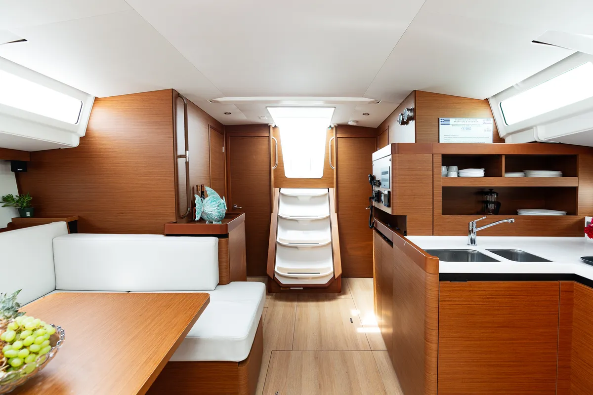 Salon of Pnoe, a Jeanneau Sun Odyssey 490 sailboat at Sithonia Municipal Unit, Greece