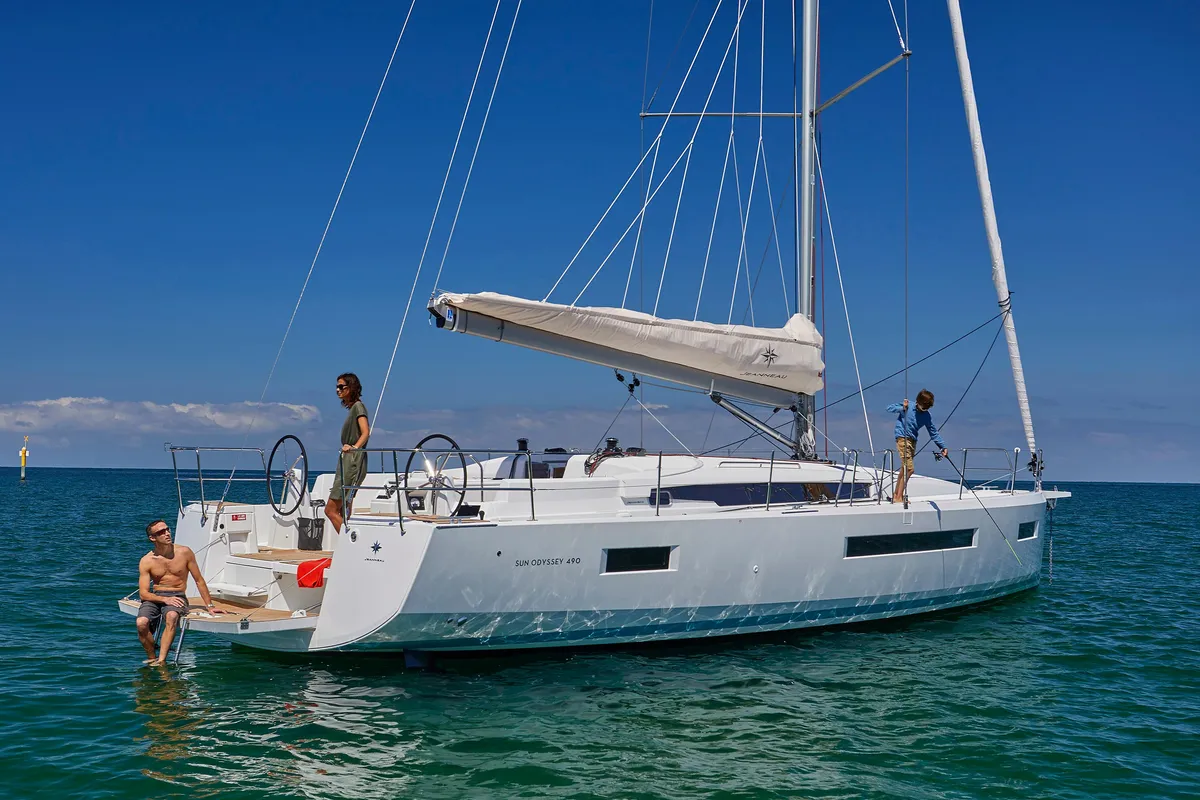 Exterior view of Pnoe, a Jeanneau Sun Odyssey 490 sailboat at Sithonia Municipal Unit, Greece