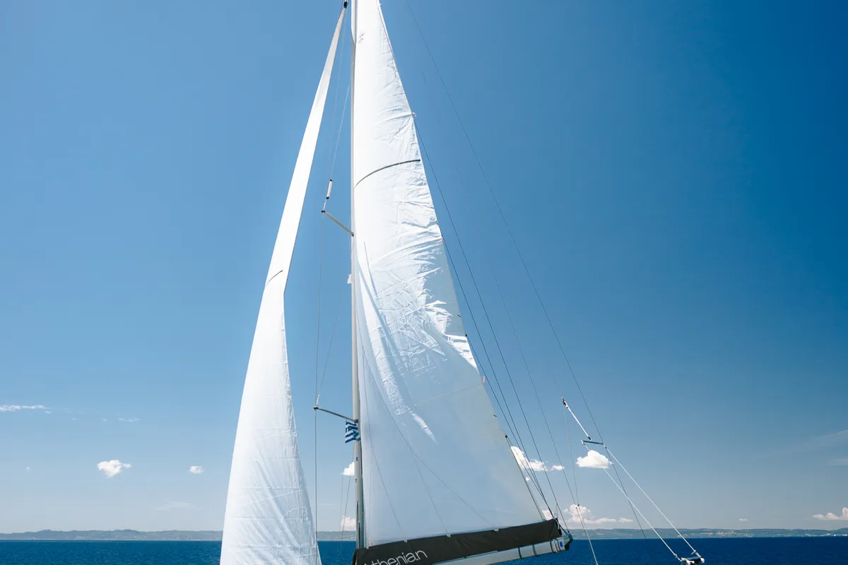 Exterior view of Pnoe, a Jeanneau Sun Odyssey 490 sailboat at Sithonia Municipal Unit, Greece