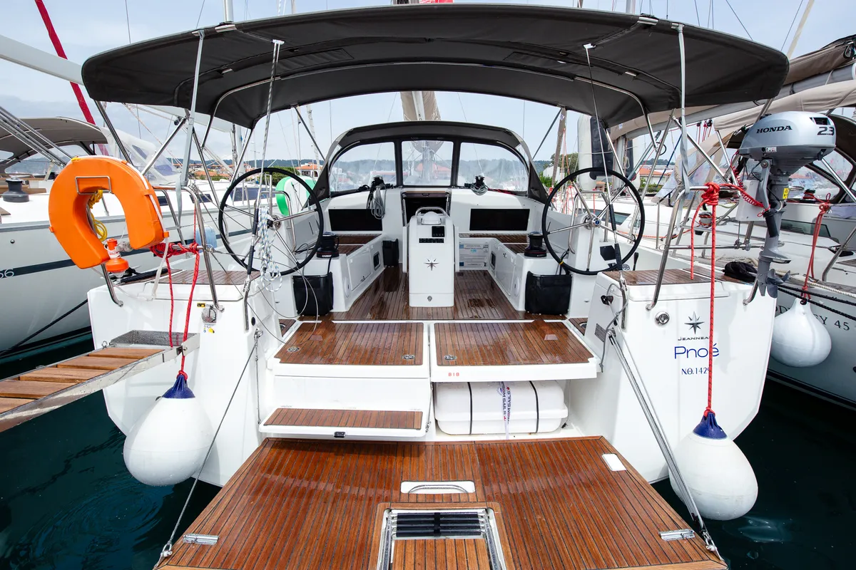 Cockpit of Pnoe, a Jeanneau Sun Odyssey 490 sailboat at Sithonia Municipal Unit, Greece