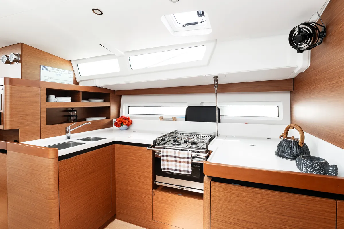 Galley of Pnoe, a Jeanneau Sun Odyssey 490 sailboat at Sithonia Municipal Unit, Greece