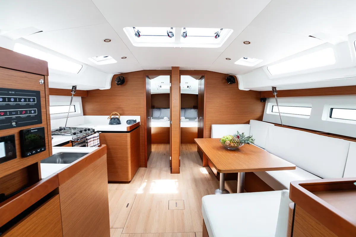 Salon of Pnoe, a Jeanneau Sun Odyssey 490 sailboat at Sithonia Municipal Unit, Greece